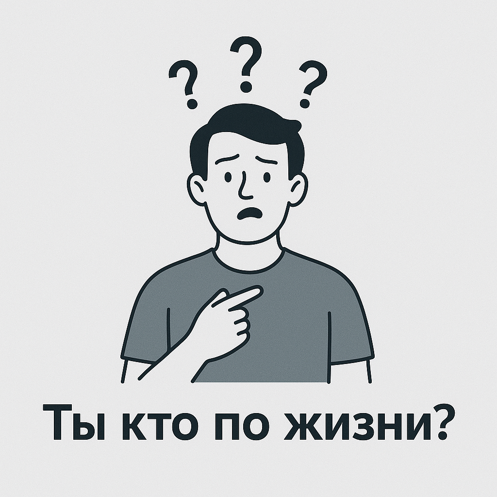 Растерянный человек с вопросительными знаками над головой и надписью «Ты кто по жизни?».