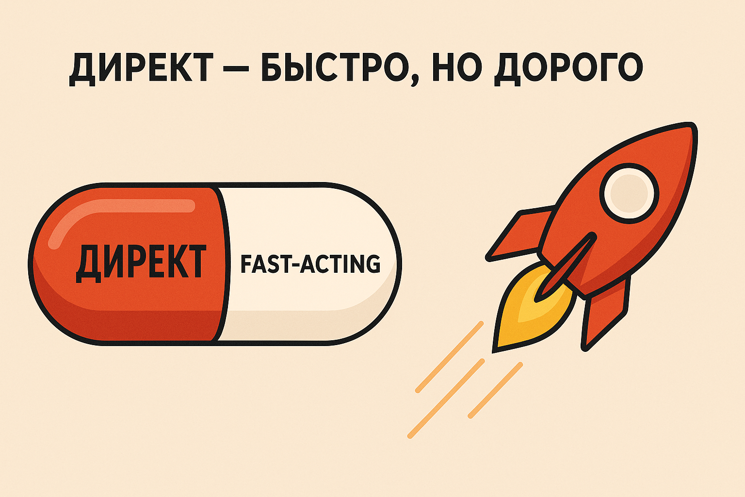 Директ быстро, но дорого — таблетка быстрого действия. Иллюстрация ракеты и капсулы fast-acting.