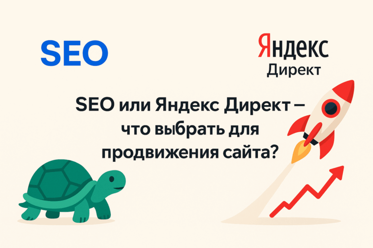 SEO или Яндекс Директ — что выбрать для продвижения сайта. Иллюстрация черепахи для SEO и ракеты с логотипом Яндекс для Директа.